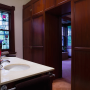 view of the bathroom featuring dante solid timber cabinetry, countertop, furniture, interior design, kitchen, room, red