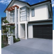 Two storey weatherboard home with columns at front building, elevation, estate, facade, home, house, property, real estate, residential area, siding, window, gray