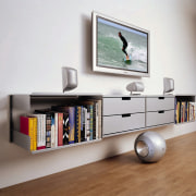 Wall mounted shelving and drawers with flat screen bookcase, furniture, product, product design, shelf, shelving, sideboard, table, gray, white