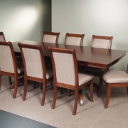 Dining suite with oak finish and cream upholstery. chair, dining room, furniture, product design, table, wood, gray