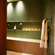 view of the midori greent tiles used in bathroom, floor, flooring, interior design, room, tile, wall, window, brown