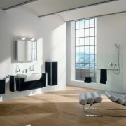 view of this bathroom featuring timber flooring, keuco's floor, flooring, furniture, interior design, living room, room, window, wood flooring, gray