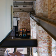 A view of the living area from above. architecture, interior design, gray, black