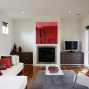 Lounge room with white sofas, red cushions, and ceiling, floor, home, interior design, living room, property, real estate, room, gray