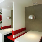 Mini breakout areas in office with graphic bulls-eye ceiling, floor, interior design, light fixture, lighting, product design, room, table, brown, gray