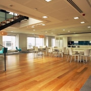 Large open office area with timber flooring, and ceiling, daylighting, floor, flooring, hardwood, interior design, laminate flooring, lobby, wood, wood flooring, brown, orange