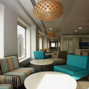 Office canteen area with round tables and upholstered ceiling, daylighting, interior design, living room, table, gray