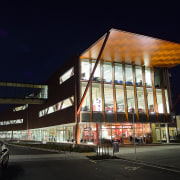 Night view of exterior of Waitakere Central Library architecture, building, city, facade, metropolis, metropolitan area, mixed use, night, sky, structure, black