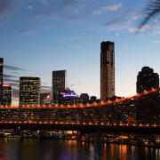 View of Aurora apartment on skyline with harbour bridge, building, city, cityscape, dawn, daytime, downtown, dusk, evening, horizon, landmark, metropolis, metropolitan area, night, reflection, river, sky, skyline, skyscraper, sunset, tower, tower block, urban area, water, black