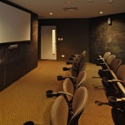 View of mini cinema with cinema chairs and auditorium, conference hall, interior design, room, brown, black