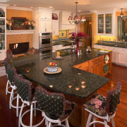 A view of the kitchen area, wooden flooring countertop, flooring, interior design, kitchen, room, brown