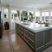 Kitchen with large thick Carrara marble benchtop, and cabinetry, countertop, cuisine classique, floor, flooring, interior design, kitchen, room, gray, black