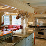 view of the kitchen featuring tiled flooring, timber cabinetry, ceiling, countertop, cuisine classique, home, interior design, kitchen, living room, room, window, brown