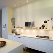 A view of the kitchen, tiled floor, white countertop, interior design, kitchen, room, orange, gray