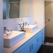 A view of the ensuite, white walls, spot architecture, bathroom, bathroom accessory, bathroom cabinet, cabinetry, countertop, glass, interior design, kitchen, product design, room, sink, gray