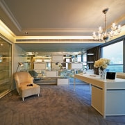 A view of the master suite. - A ceiling, floor, flooring, interior design, living room, real estate, brown