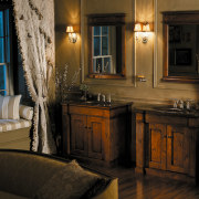 A view of some vanities by Kohler. - cabinetry, furniture, home, interior design, room, window, wood, black, brown