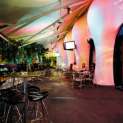 view of the interior of the zouk nightclub function hall, interior design, lighting, restaurant, red