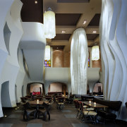 view of the restaurant that was designed and architecture, ceiling, furniture, interior design, lobby, restaurant, table, gray