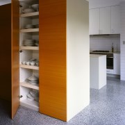 A view of the wooden pantry. - A chest of drawers, furniture, product design, shelf, shelving, gray