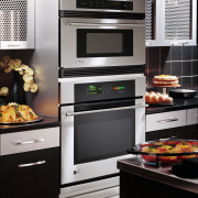 A view of  GE Monogram wall oven. countertop, gas stove, home appliance, kitchen, kitchen appliance, kitchen stove, major appliance, microwave oven, oven, black, gray