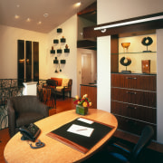 view of the office/meeating area feauring table, eather ceiling, interior design, living room, room, table, brown, black, orange