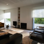 A view of some window shades from Window architecture, home, house, interior design, living room, real estate, room, window, gray, black