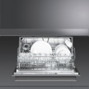 View of interior of dishwasher. - View of black and white, home appliance, kitchen appliance, monochrome, monochrome photography, product, product design, gray, black