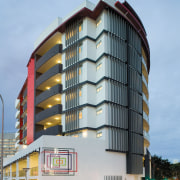 view of the exterior of the HUB apartment apartment, architecture, building, commercial building, condominium, corporate headquarters, facade, headquarters, hotel, metropolis, metropolitan area, mixed use, real estate, residential area, sky, tower block, gray, teal
