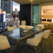 view of the exterior balcony of the HUB apartment, interior design, living room, real estate, room, table, brown