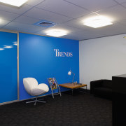 A view of the Trends Building. - A blue, ceiling, conference hall, interior design, office, gray, black