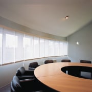 A view of some window shades. - A architecture, ceiling, conference hall, daylighting, interior design, office, table, window, gray