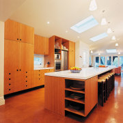 A view of some kitchen joinery by Freear cabinetry, ceiling, countertop, floor, flooring, hardwood, interior design, kitchen, real estate, room, wood flooring, red, white