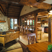 A view of the living areas, wooden flooring, beam, dining room, interior design, living room, log cabin, room, wood, brown