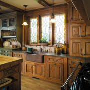 A view of the kitchen, wooden flooring and cabinetry, countertop, cuisine classique, home, interior design, kitchen, room, window, wood, brown
