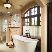 A view of a bathroom, white tub, tiled bathroom, estate, home, interior design, room, window, white, brown