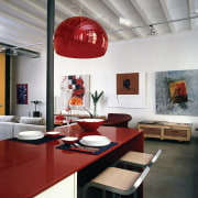 view of this kitchen featuring red silestone quartz ceiling, furniture, interior design, loft, table, white, gray