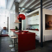 view of  this kitchen featuring red silestone ceiling, countertop, furniture, interior design, loft, product design, table, gray, black