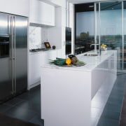 Apartment kitchen with white cabinetry, stainless steel appliances countertop, home appliance, interior design, kitchen, gray, black