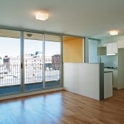 interior view of the apartment featuring laminate flooring, apartment, daylighting, floor, flooring, hardwood, interior design, property, real estate, window, gray