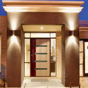 View of entranceway of home, showing timber front ceiling, door, home, interior design, lobby, real estate, brown, orange