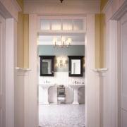 A view of the bathroom, tiled floor, wooden cabinetry, ceiling, floor, furniture, home, interior design, real estate, room, wall, window, gray