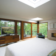 View of the master bedroom featuring, quartersawn whiteoak architecture, bedroom, ceiling, daylighting, estate, home, house, interior design, property, real estate, room, window, wood, gray