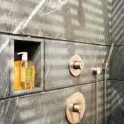 A view of a bathroom designed by David bathroom, floor, wall, wood, gray