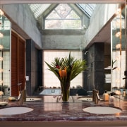 A view of a bathroom designed by David apartment, courtyard, home, interior design, lobby, window, black, gray