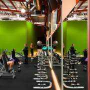 view of the les mills gym area featuring gym, room, sport venue, structure, black