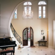 Visitors enter via the curved double doors and arch, architecture, ceiling, chapel, estate, furniture, home, interior design, window, gray