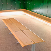 view of the changing area in the les angle, bench, daylighting, floor, flooring, furniture, hardwood, line, outdoor furniture, plywood, product design, structure, table, wood, wood stain, orange