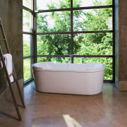 A view of the bathroom, tiled floor, brown bathroom, bathtub, estate, floor, flooring, home, house, property, real estate, room, window, black