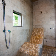 The steam shower incorporates a custom concrete chaise architecture, house, interior design, wall, gray, brown
